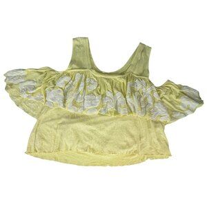 Free People Yellow Ruffle Sleeve Top With Sheer Embroidered Floral Details Women